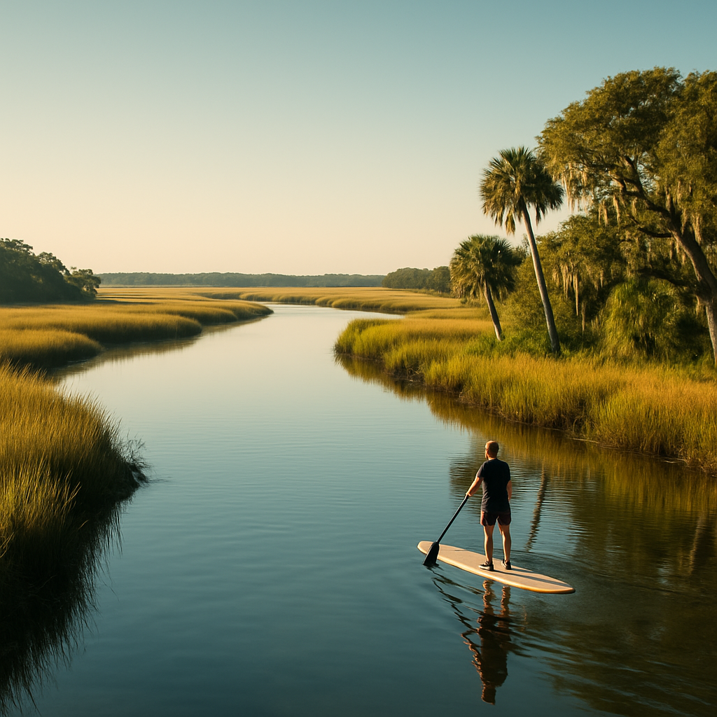 Paddle boarder gliding along a calm Nassau County, Florida tidal river lined with salt marsh and moss-draped oaks